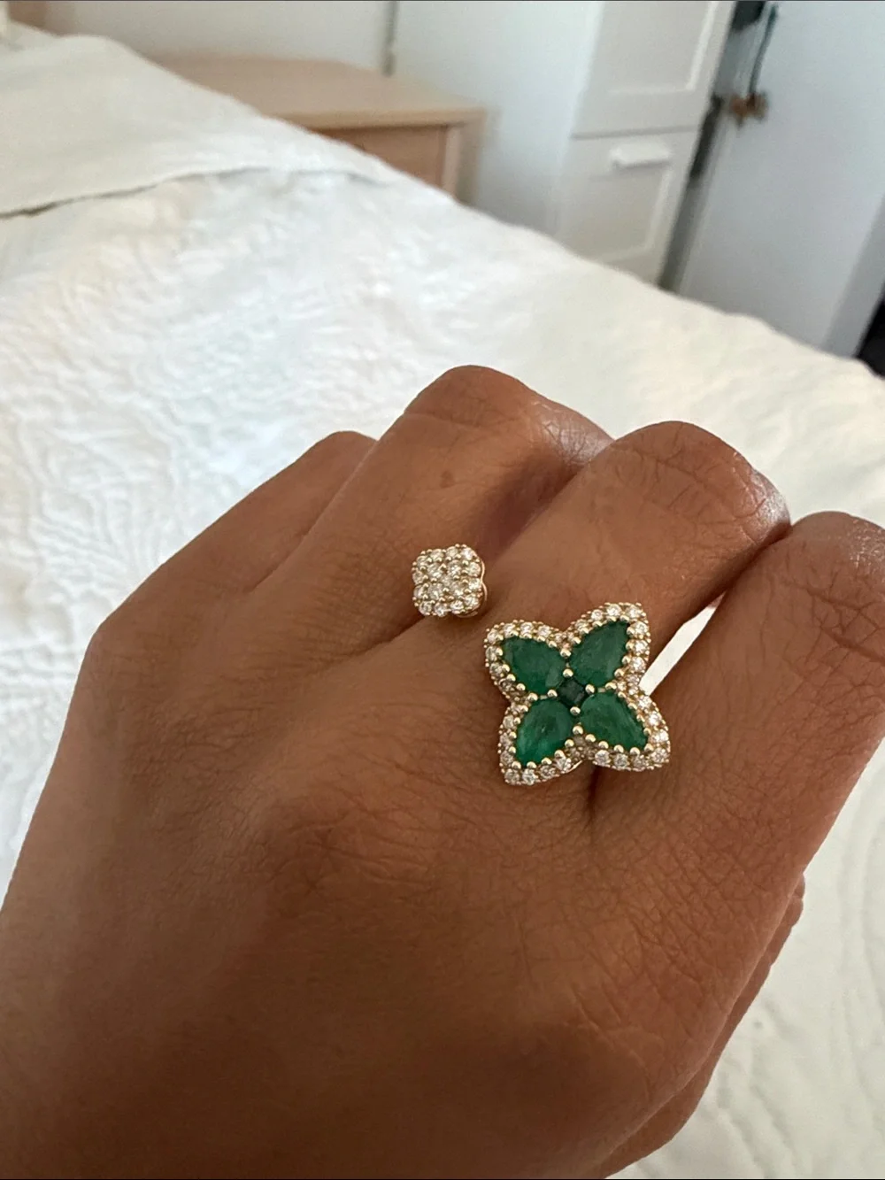 14K yellow gold Clover open ring .4ct diamond 1.4ct emerald